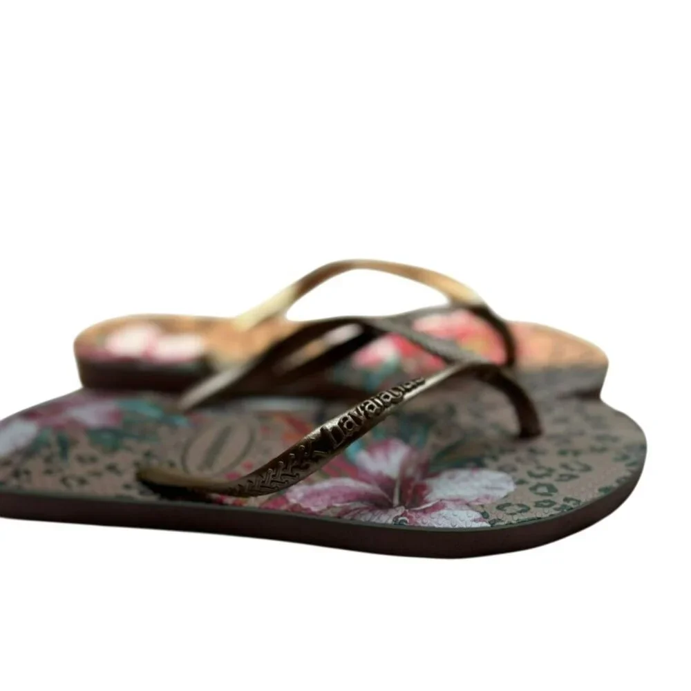 Havaianas Girls Floral Leopard Print Flip Flops Bronze Straps Size 2Y Kids